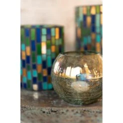 J-Line Windlicht Bol Craquele Glas Parel Effect Groen Small -Huisdecoratie 10845203